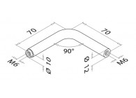 Tige  90°, Ø 12mm, L=70mm, fixation murale 2xM6,