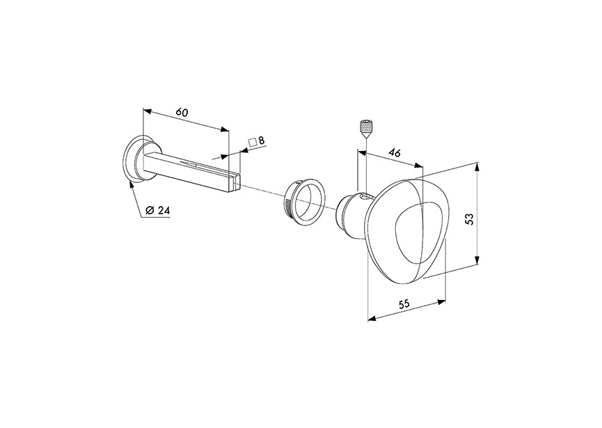 3006R-2~~HALVE RONDE KNOP IN ALUMINIUM - KRUKSTIFT VIERKANT 8 MM