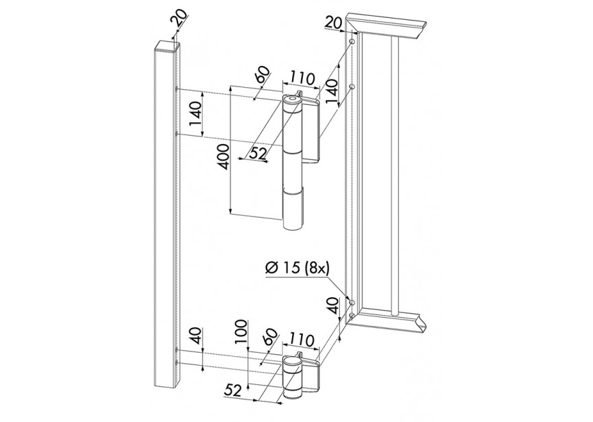 P00009344-SILV - Charnière avec ferme-portail hydrolique 180° intégré-argent