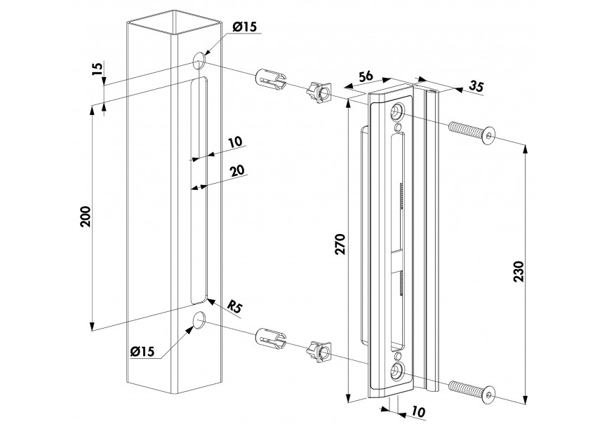 P00009619-9005 - Gâche hybriDpour serrures à encastrer h-metal pour profils carrés-noir