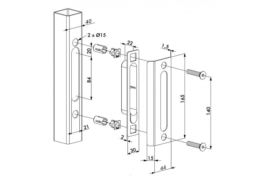 P00011140-9005 - Gâche à encastrer pour profils carrés 40mm-noir