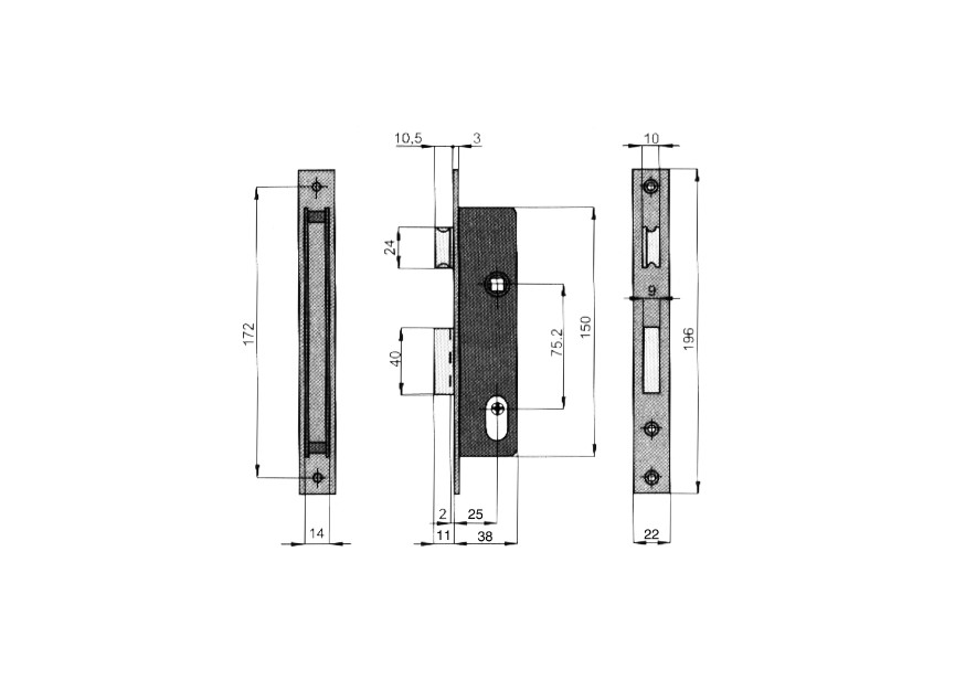 SERRURE ENCASTRABLE GALVANISEE AVEC 3 CLES EN CROIX