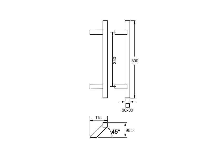 7-1166-010~~Deurgreep Hext D30X30 I350 L500 H96,5 B115 Dc30x30