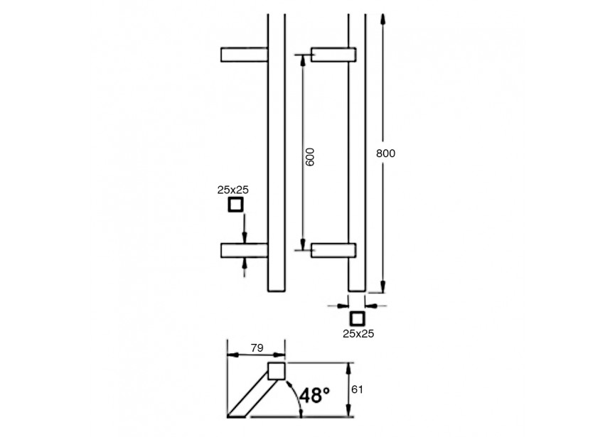 Barre de tirage Hext D25X25 I600 L800 H61 B79 Dc25X25