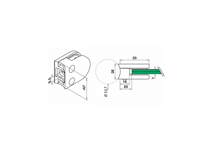 102700-033-19~~Glass clamp, MOD 27, excl. rubber inlay,tube Ø33,7 mm, zamak