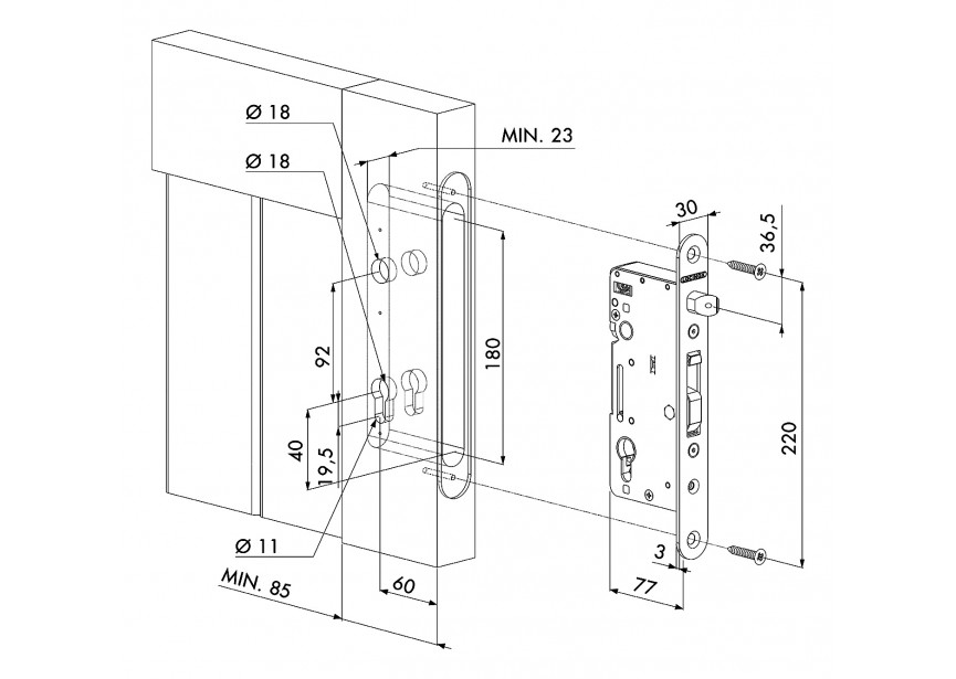 P00008052 - Serrure à encastrer en bois avec une profondeur minimale de 85mm