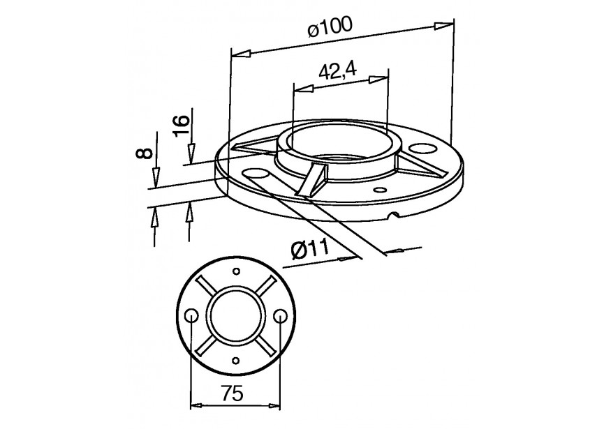 Flanges á souder, rond 100 mm, pour tube Ø 42,4 mm