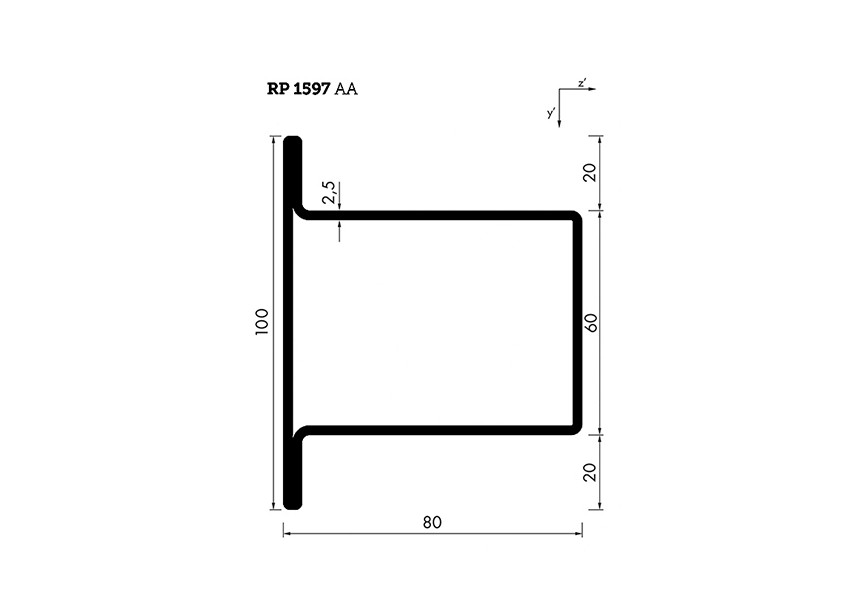 RP1597AA~~L=6000mm HOP profiel in brut staal T80x60x20x2