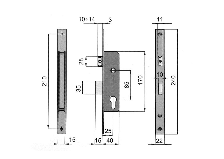 100130-F22~~VERZINKT INBOUWSLOT MET INOX FRONTPLAAT DM 25mm