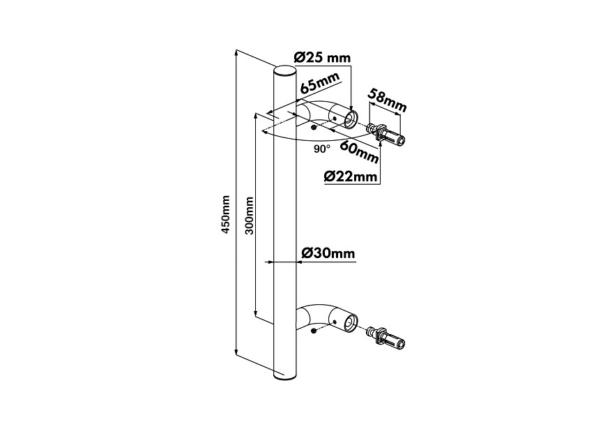 P00011150 - Bâton en inox-patte de fixation:90°-longueur:450mm-deux cotés