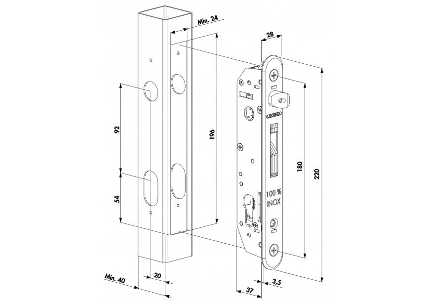 P00007978 - Serrure à encastrer tout inox avec axe de 20mm pour profils de 40mm et plus