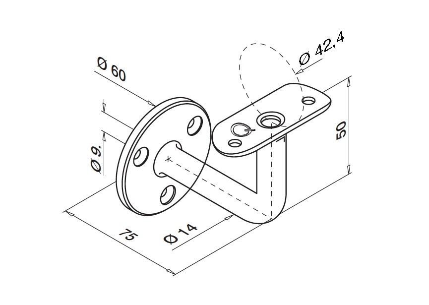 Support mural p/ m-c Ø 42,4 mm avec passe-câble