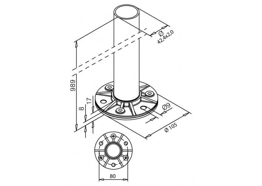 Poteau Ø 42,4 x 2 - Ht : 989 mm - soudé s/ embase