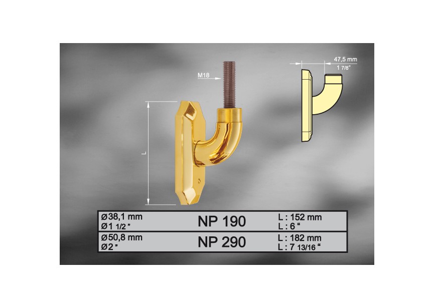 NP190~~NEW-YORK - Ø38.1 - MESSING ZIJKANTBEVESTIGING L 152MM