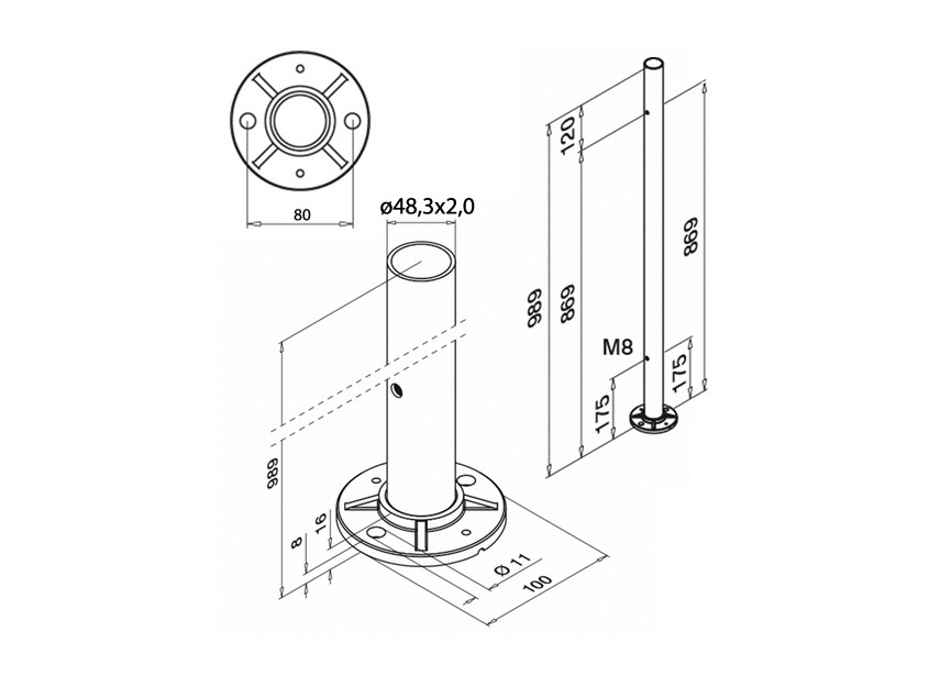 140962-248-02-12~~Baluster,D48,3x2mm,M8 tweezijdig,glasklem,H=989mm