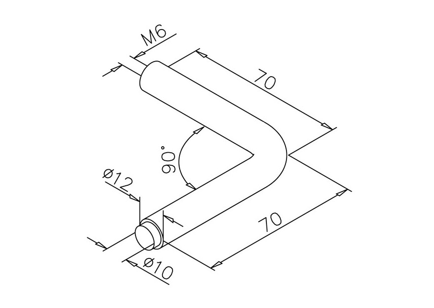 Tige  90°, Ø 12mm, L=70mm, Fixation main courante