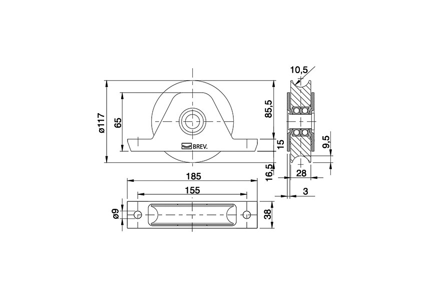 338I-120~~INBOUW WIEL 2 ROULEMENTEN MONTAGESTEUN U-GROEF INOX