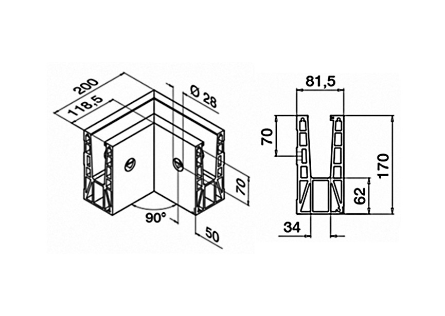 168531-01-18~~90° verbinder, Easy Glass Max, zijmontage,