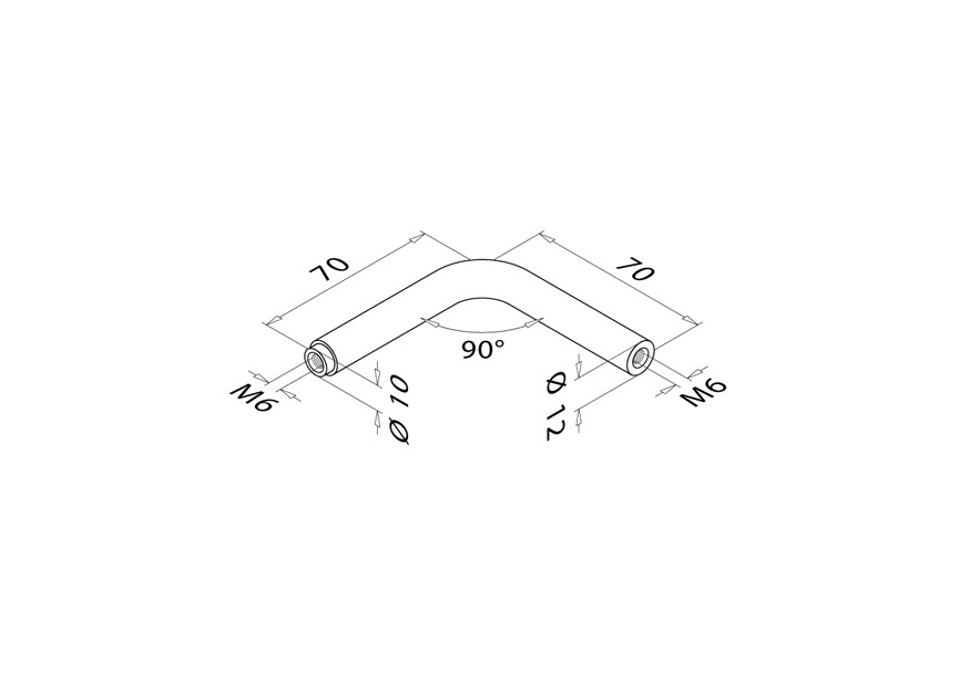 Tige  90°, Ø 12mm, L=70mm, fixation murale 2xM6,