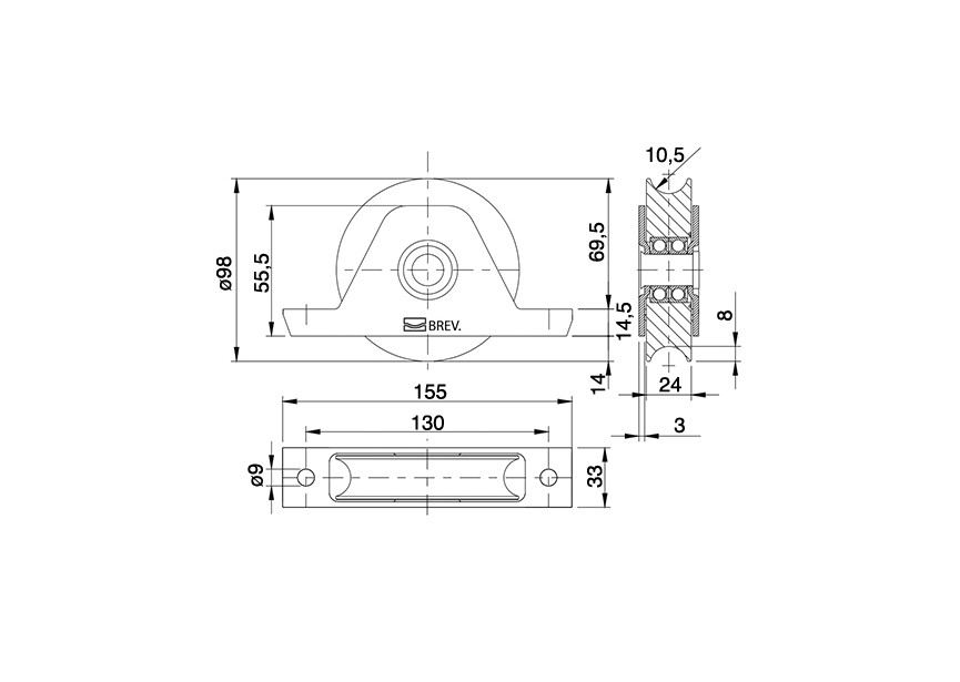 338I-100~~INBOUW WIEL  2 ROULEMENTEN, MONTAGESTEUN U-GROEF INOX