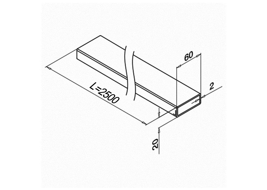 Tube rectangulaire 60x20x2mm, L=2500mm