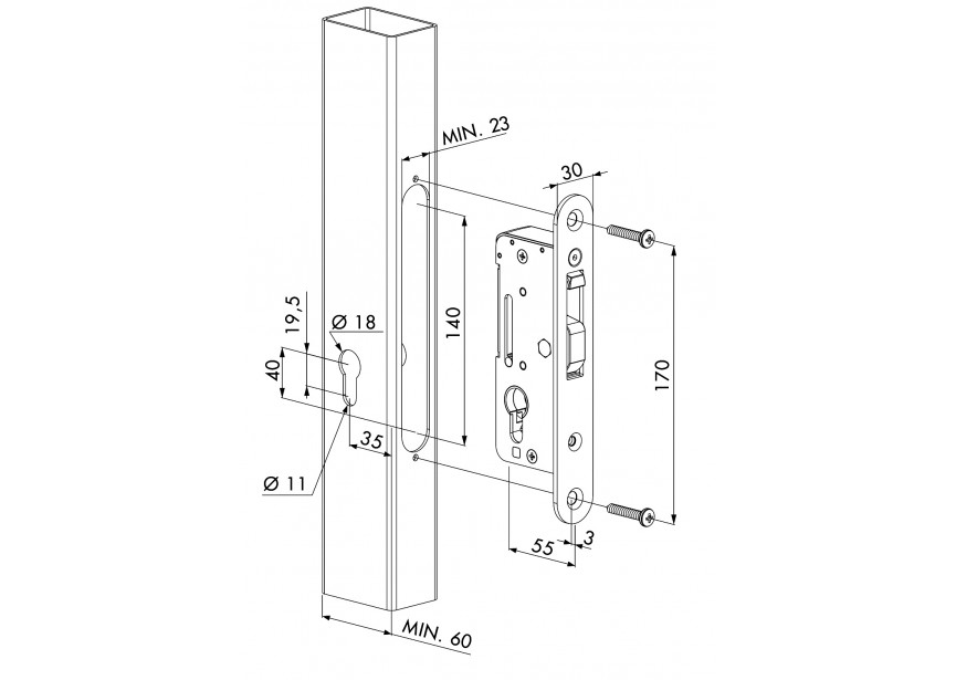 P00008039 - Serrure à encastrer sans poignées pour profils de 60mm et plus