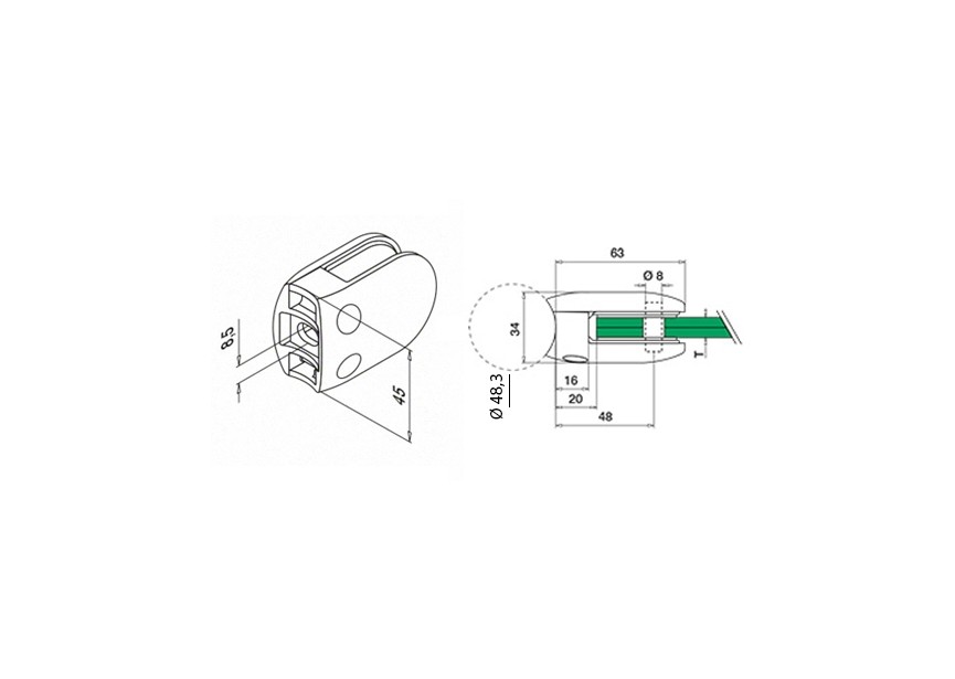 Glass clamp, MOD 28, excl. rubber inlay,tube Ø48,3 mm, stain