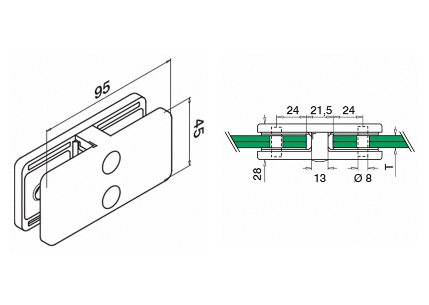 Glass connector, straight, MOD 42,excl. rubber inlay, stainl