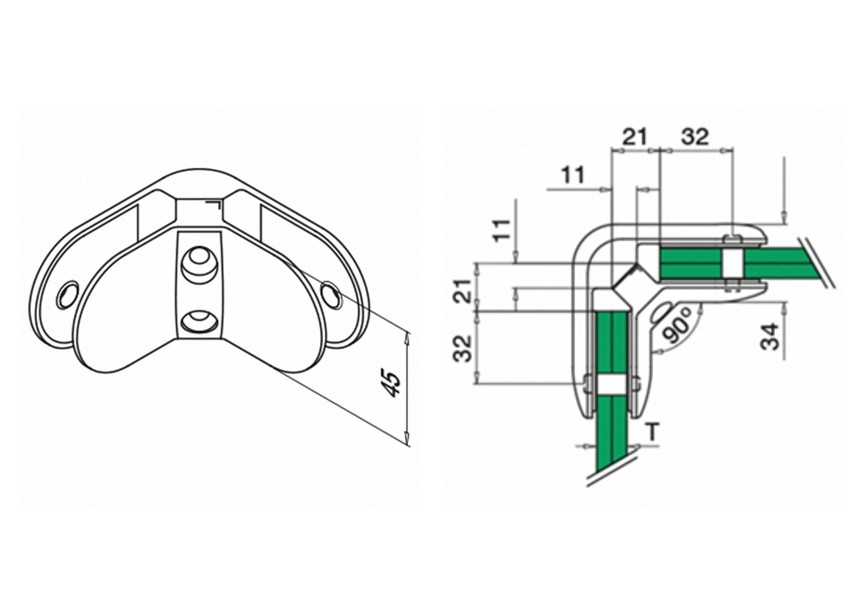 Glass connector, angle 90°, MOD 28,excl. rubber inlay, stain