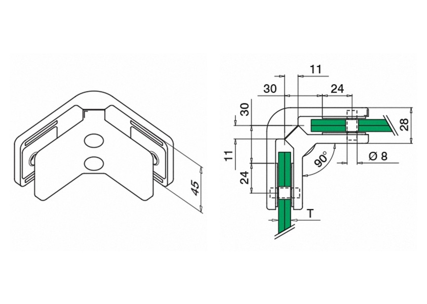 Glass connector, angle 90°, MOD 42,excl. rubber inlay, stain