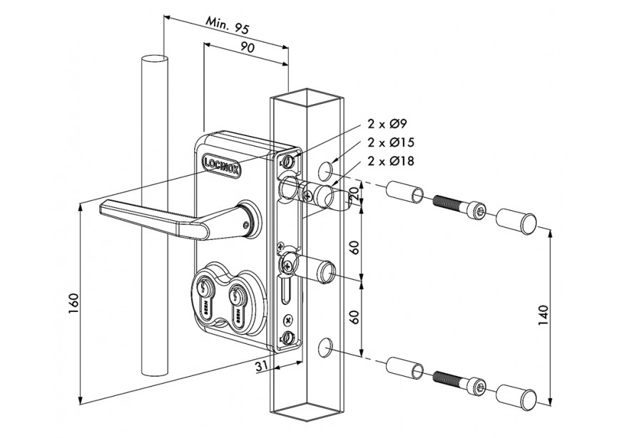 SERRURE DOUBLE CYLINDRE POUR PROFIL 30 - GRIS