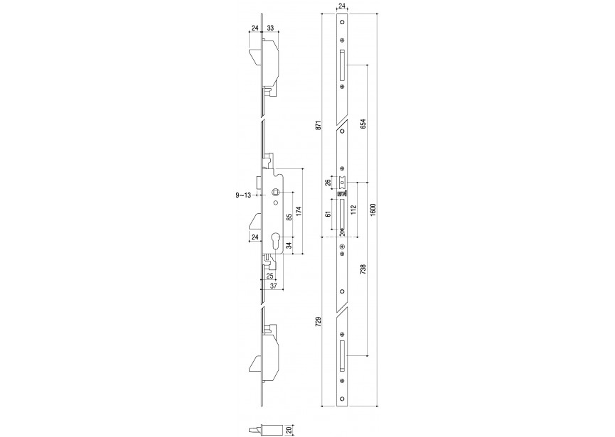 7799-25~~DRIEPUNTSLOT MET U-FRONTPLAAT- HOOGTE 1,60