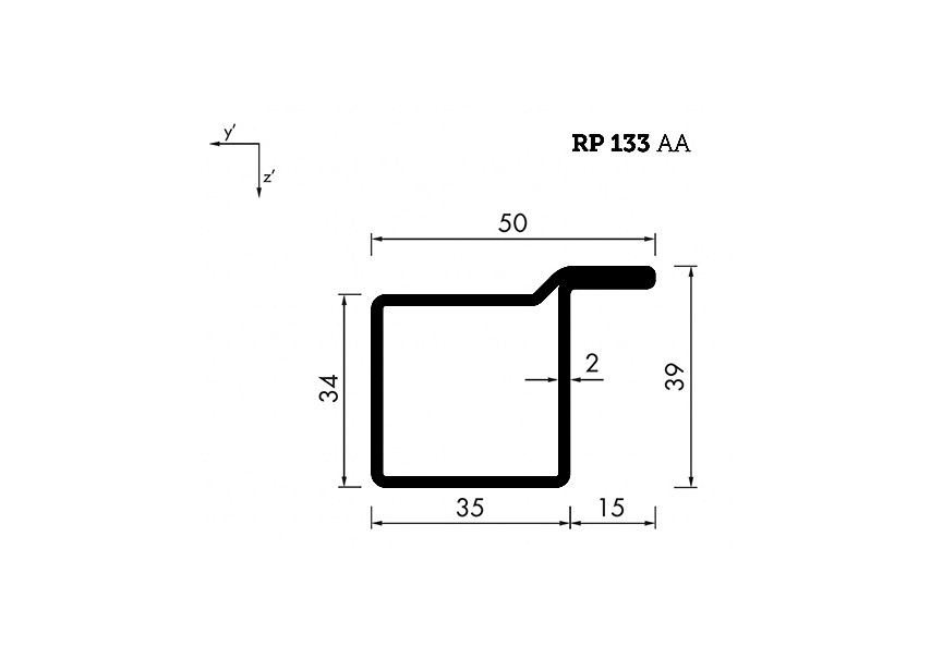 RP133AA~~L=6000mm HOP profiel in brut staal L(V)34x35x15x2