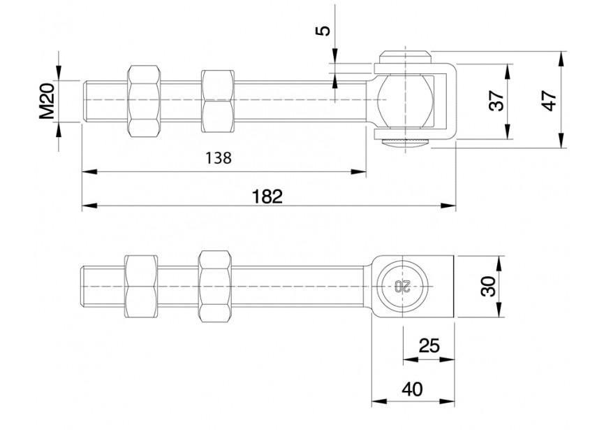 130I-M20~~Regelbaar scharnier in inox met 2 moeren M20