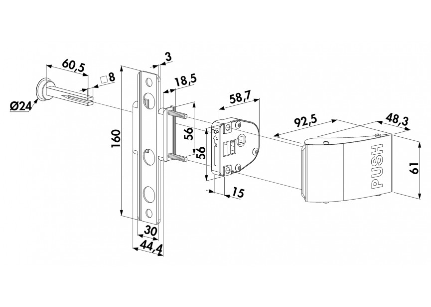 P00006088 - Set Push en aluminium avec carré de 8mm,longueur de 60mm