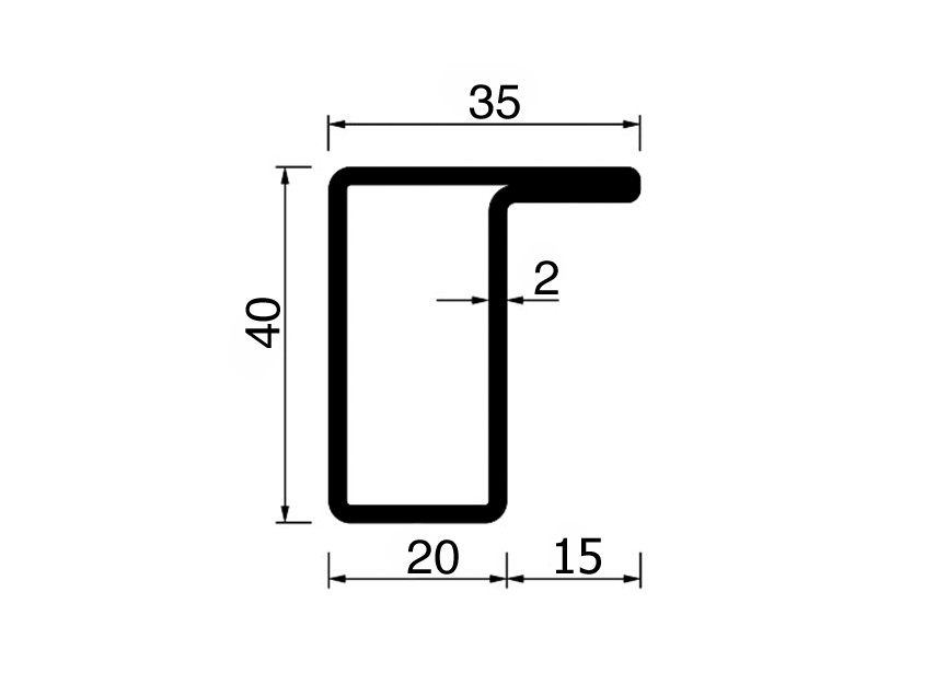 RP1114AA~~L=6000mm HOP profiel in brut staal L40x20x15x2mm