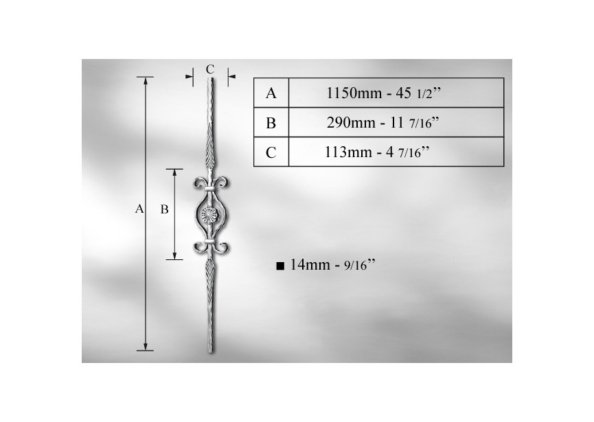 BALUSTRE MARTELE SUR ANGLE #14MM - L. 1150MM