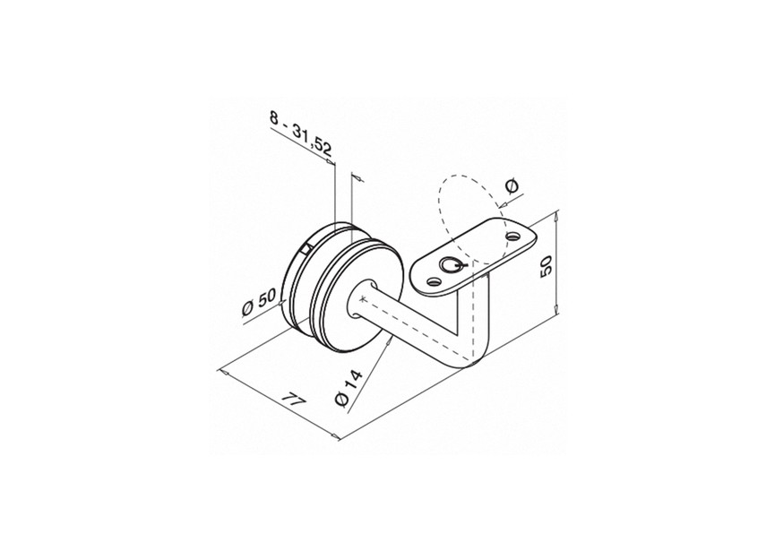 Handrailingsteun voor glas, handrailing Ø33,7 mm