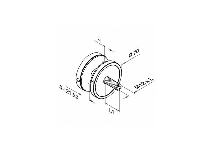 Glasadapter, Ø70 mm, vlak, achterplaat 10 mm