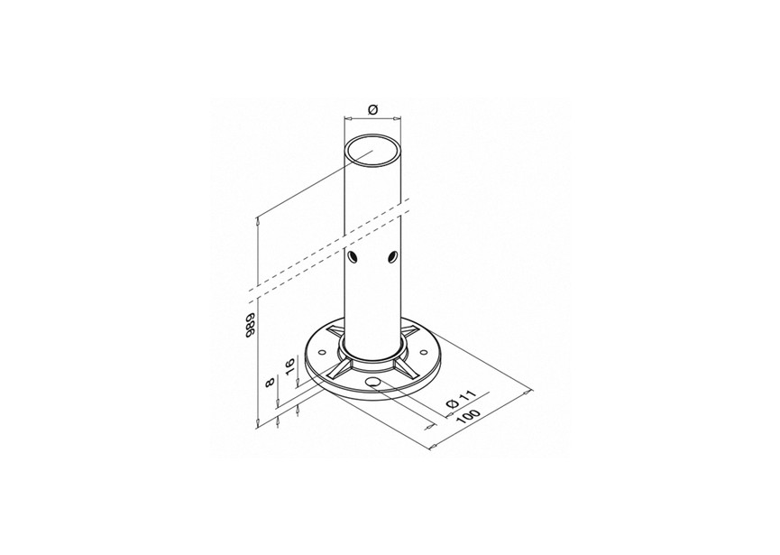 Baluster, Ø42,4 mm x 2 mm, M8 tweezijdig 90°