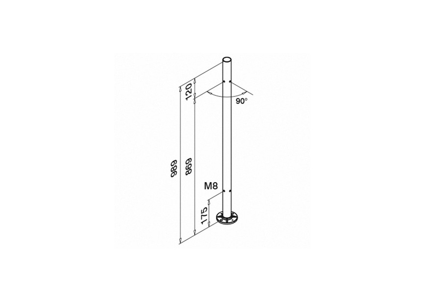 Baluster, Ø42,4 mm x 2 mm, M8 tweezijdig 90°